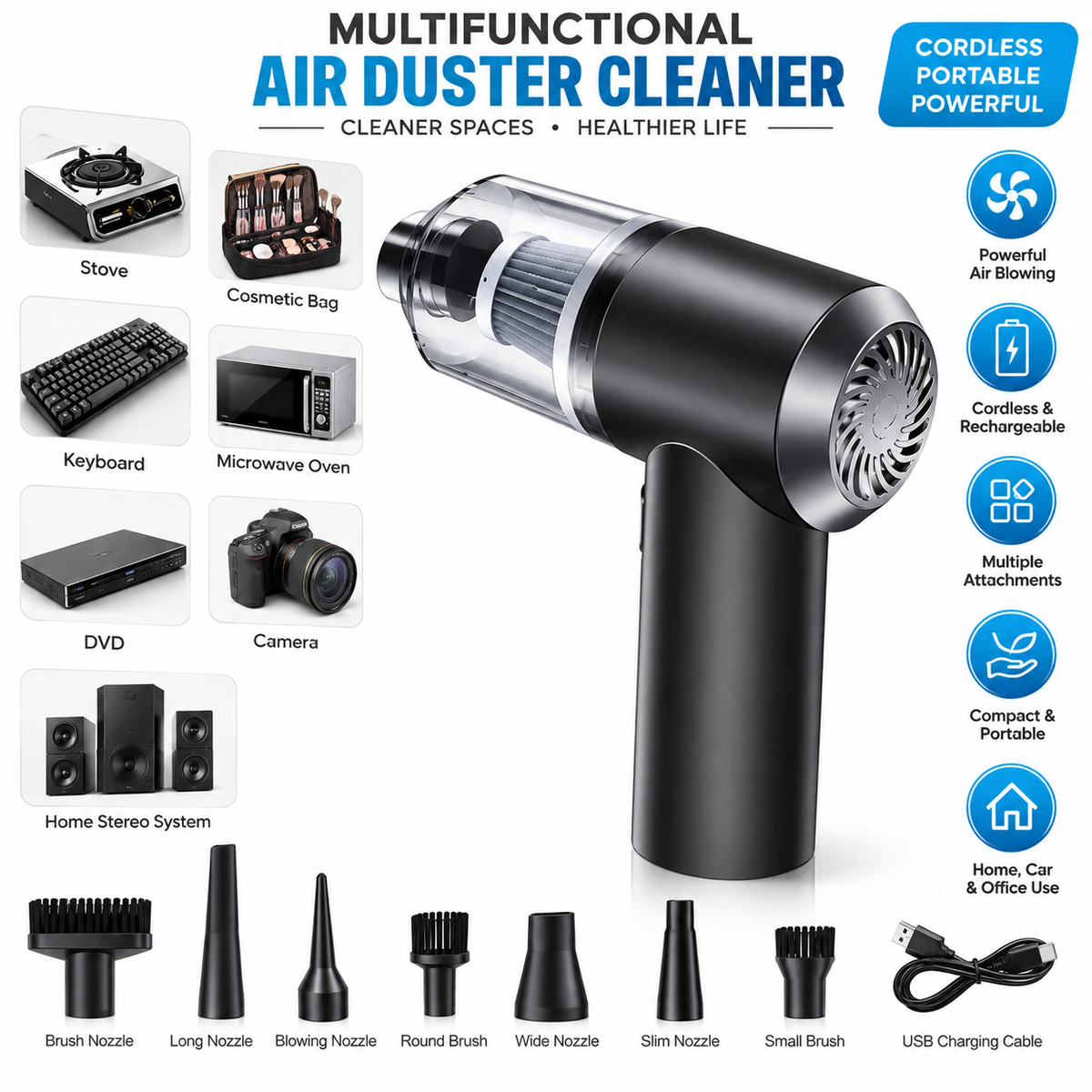 Multifunctional Air Duster Cleaner – 3-in-1 Cordless Cleaning Blower & Vacuum