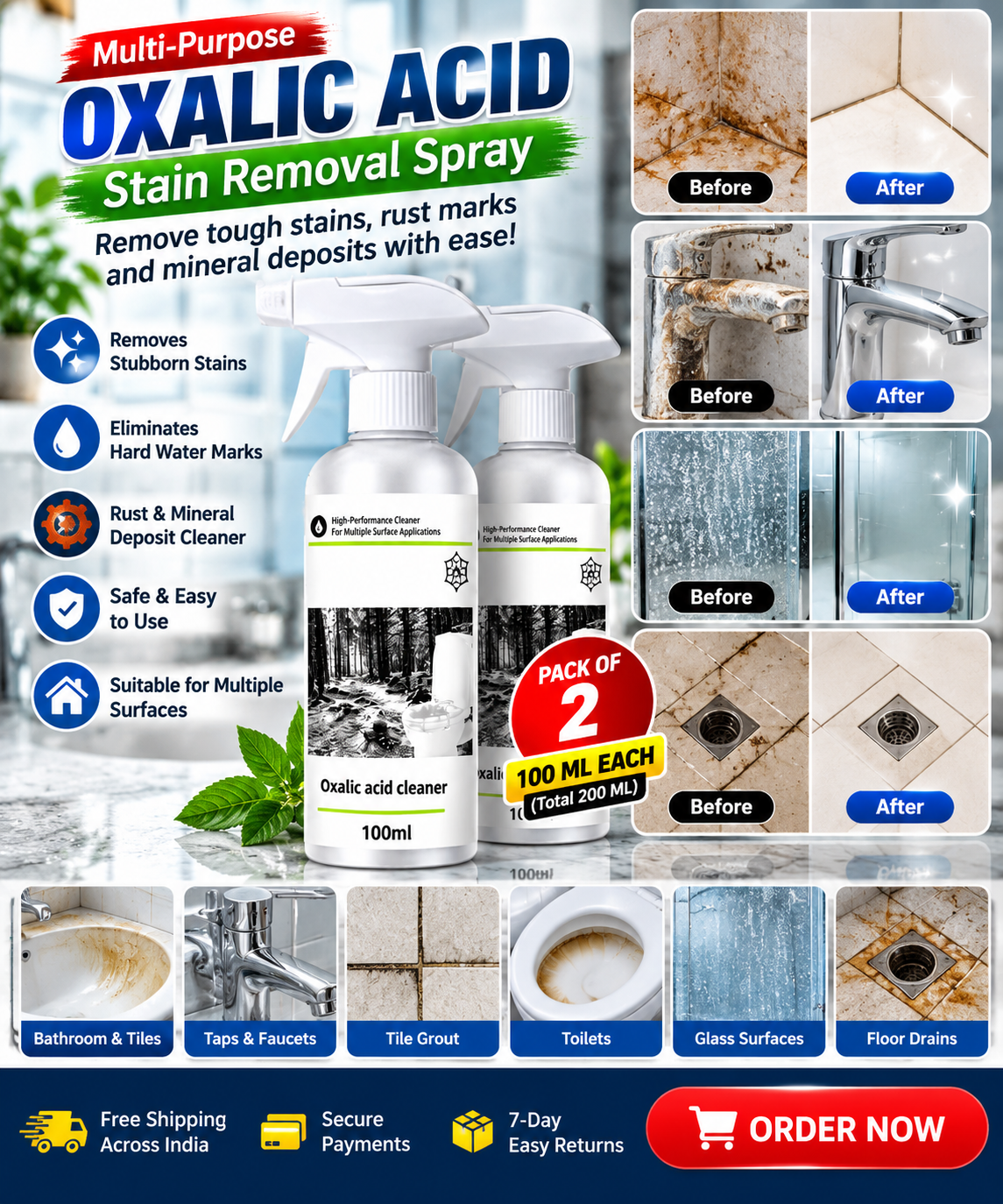 Multi-Purpose Oxalic Acid Stain Removal Spray – Pack of 2 (100 ML Each)